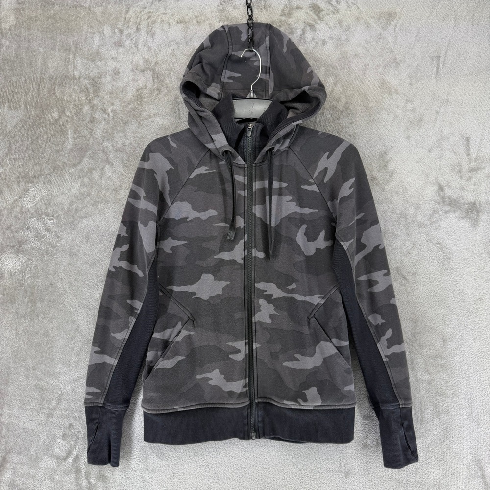 Athleta Triumph Camo Hoodie Womens‎ S Gray Full Zip Thumbhole Jacket 511504-01